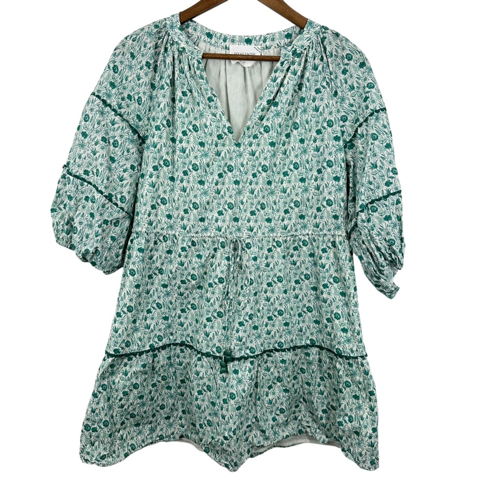 Green Floral Tiered Mini Dress with V-Neck